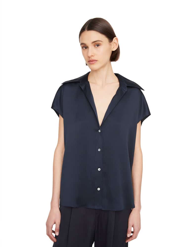 Vince Silk Cap-Sleeve Ruched-Back Blouse costal blue