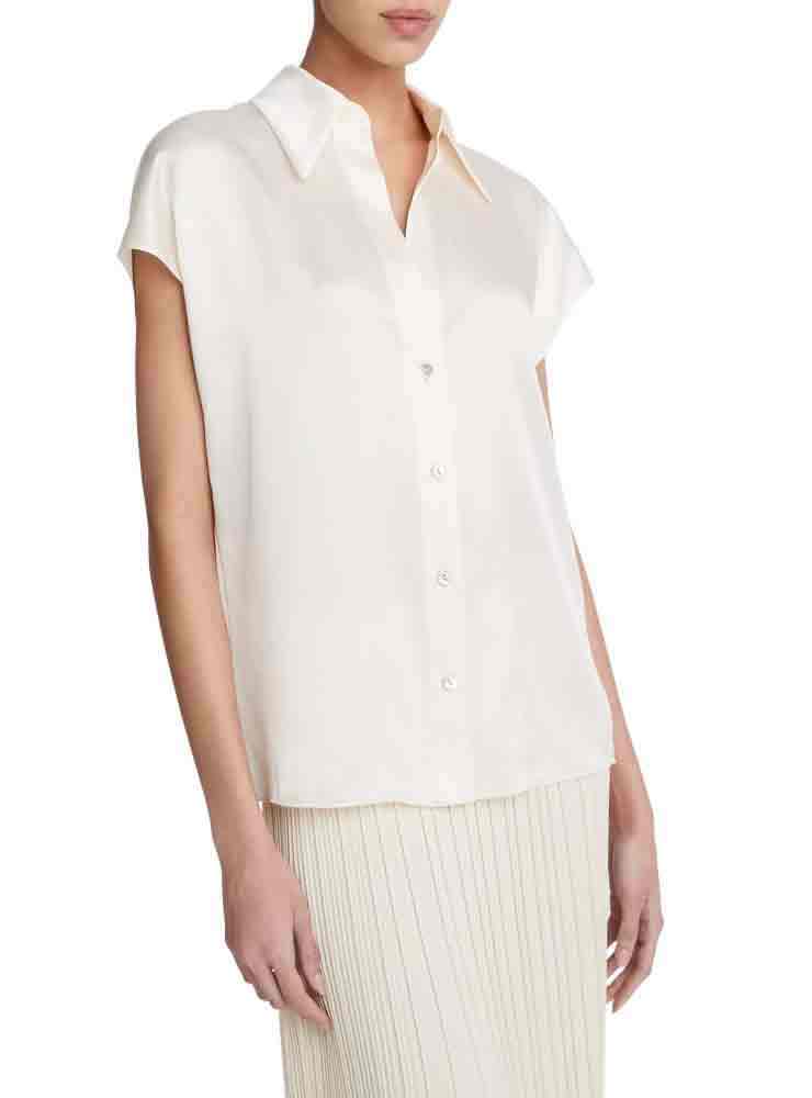 Vince Silk Cap-Sleeve Ruched-Back Blouse Chiffon