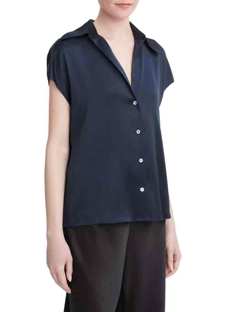 Vince Silk Cap-Sleeve Ruched-Back Blouse Coastal Blue