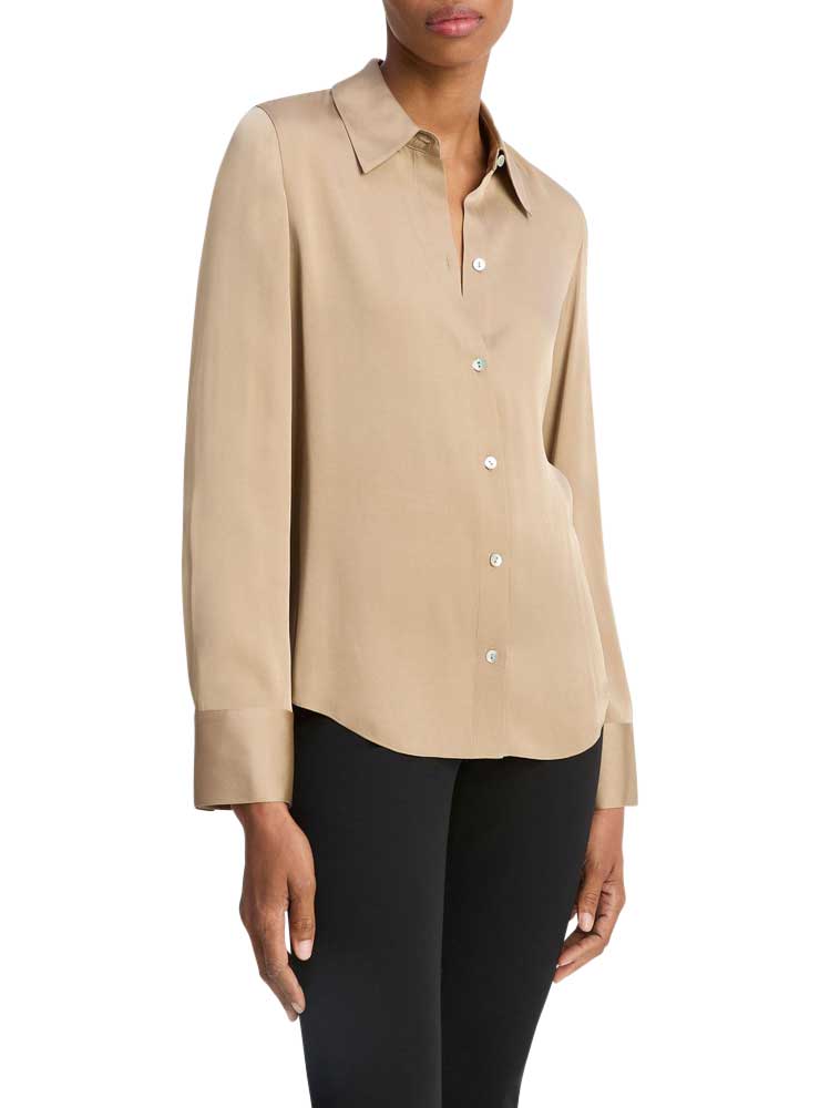 Vince Silk-Blend Slim Button-Front Blouse Fawn