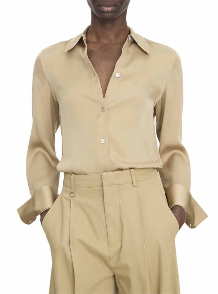 Vince Silk-Blend Slim Button-Front Blouse Fawn