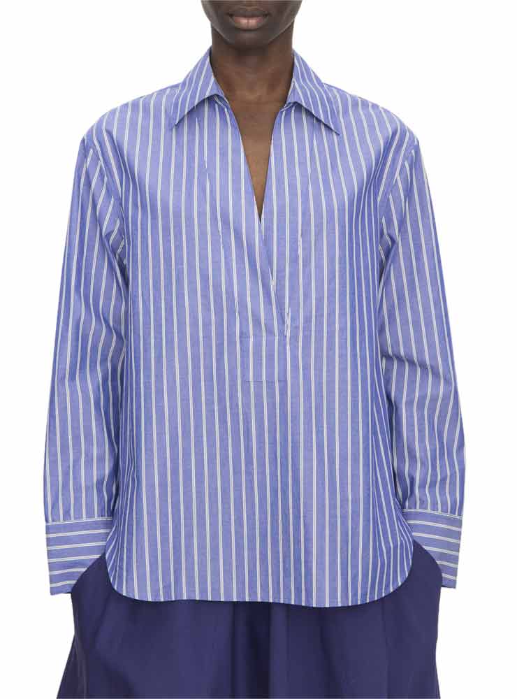 Vince Striped Cotton Relaxed Popover Shirt Pale Twilight