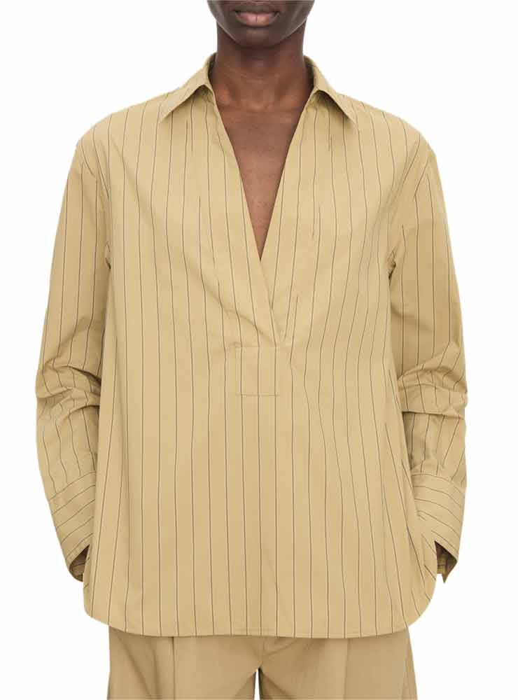 Vince STRIPED COTTON RELAXED POPOVER SHIRT Sand Sage