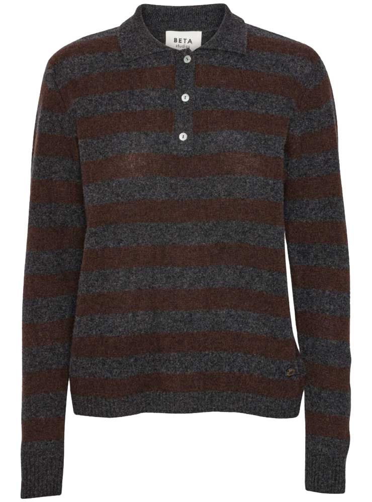 Beta Studio LIZZIE POLO STRIPES ANTHRACITE GREY/COFFEE BROWN