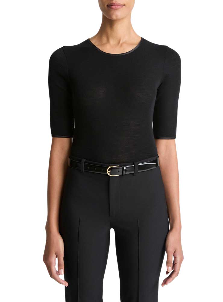 Vince Satin-Trim Wool Elbow-Sleeve T-Shirt black