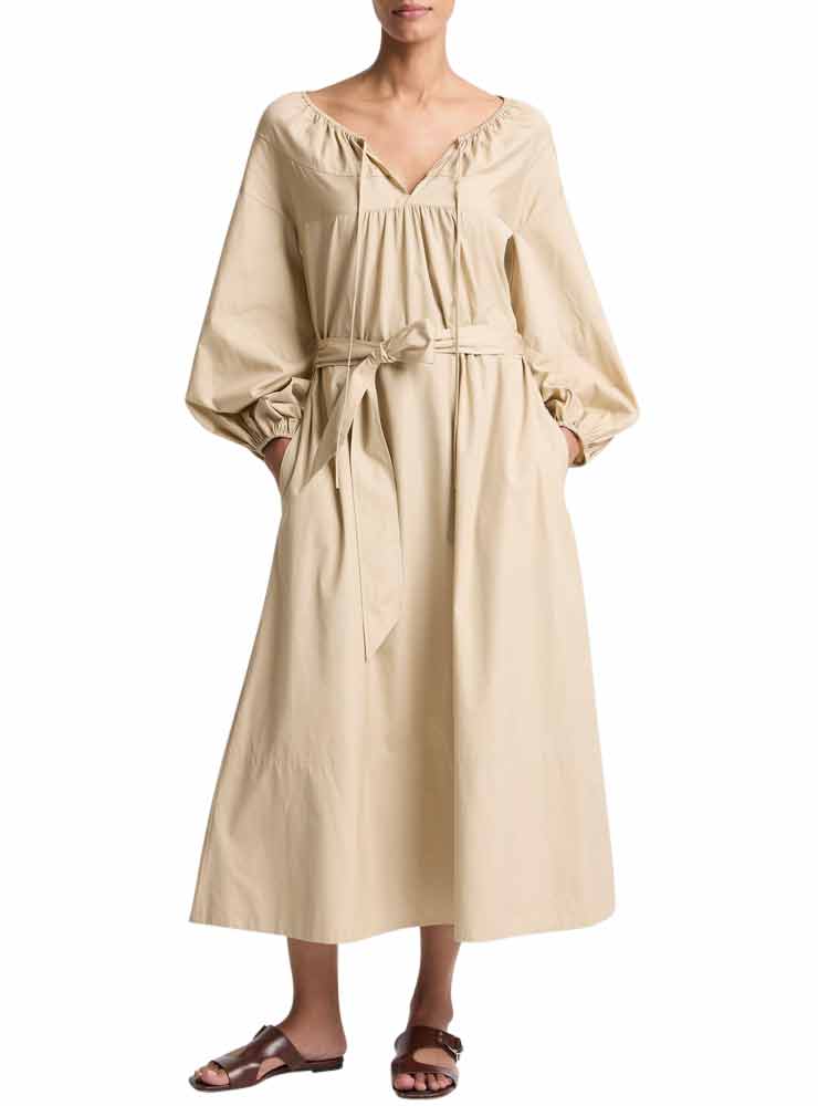 Vince Belted Tie-Neck Dress sand beige